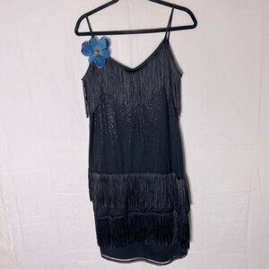 Vintage SMW Black Flapper Dress DIY Costume Mini Dress W Fringe XL